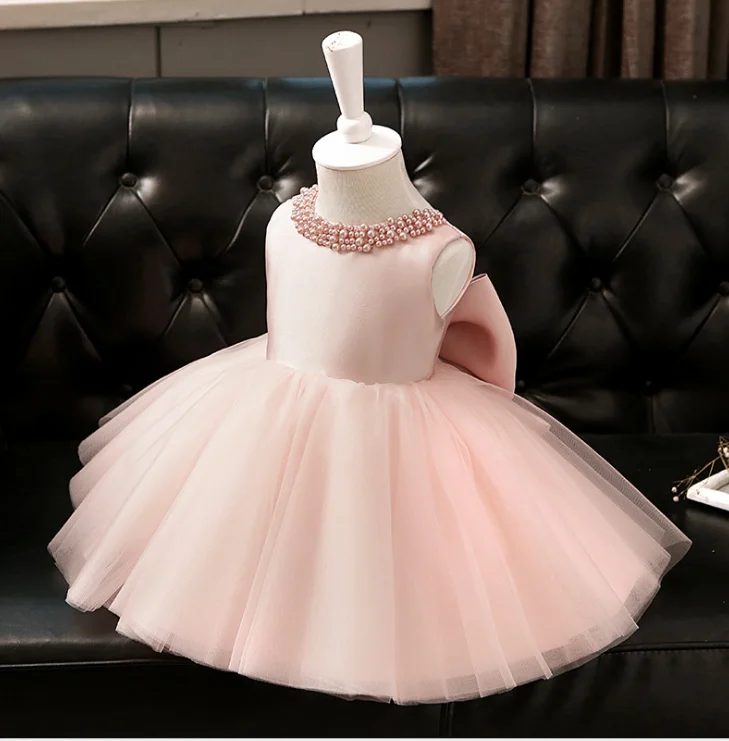 High Quality Customized Baby Girls Birthday Party Dresses with big Bow Pearls Tulle Little Princess Clothes Size 2-10Y