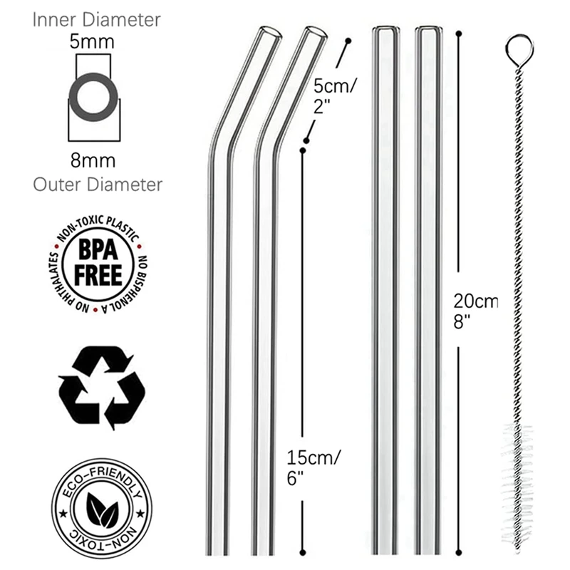 Reusable Glass Straws 8x200mm Glass Drinking Straws 4 Pack with Cleaning Brush BPA Free Glass Smoothie Straws for Milkshakes