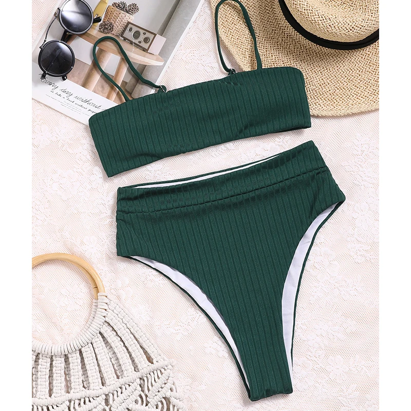 JyoJyo Retro high waist bikini 2021 Dark green swimsuit women Ribbed swim suit Sexy bandeau biquini bathing suit summer bathers