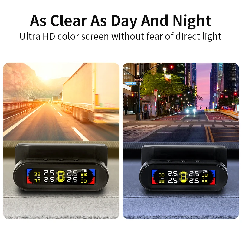 TPMS color large screen wireless tire pressure temperature alarm monitoring system solar charging  IP67 waterproof tpms sensors