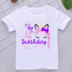 Kawaii Unicorn Face Eyelashes Number Tshirt It's My 3-9th Birthday T Shirt Kids Clothes Girl T-Shirt Short Sleeve T-Shirts