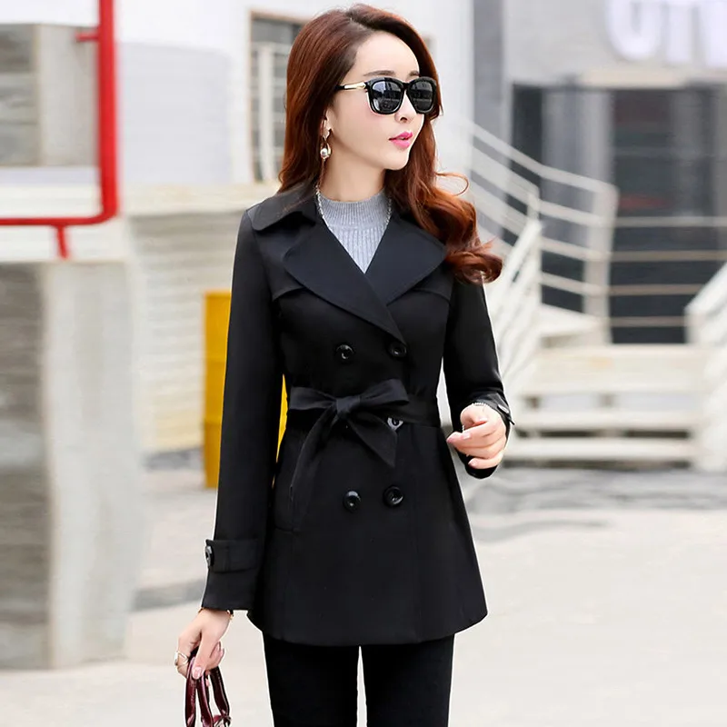 UHYTGF M-3XL Short Jacket Women Fashion Thin Spring Autumn Windbreaker Coat Ladies Belt Double Breasted Slim Female Jacket 1152