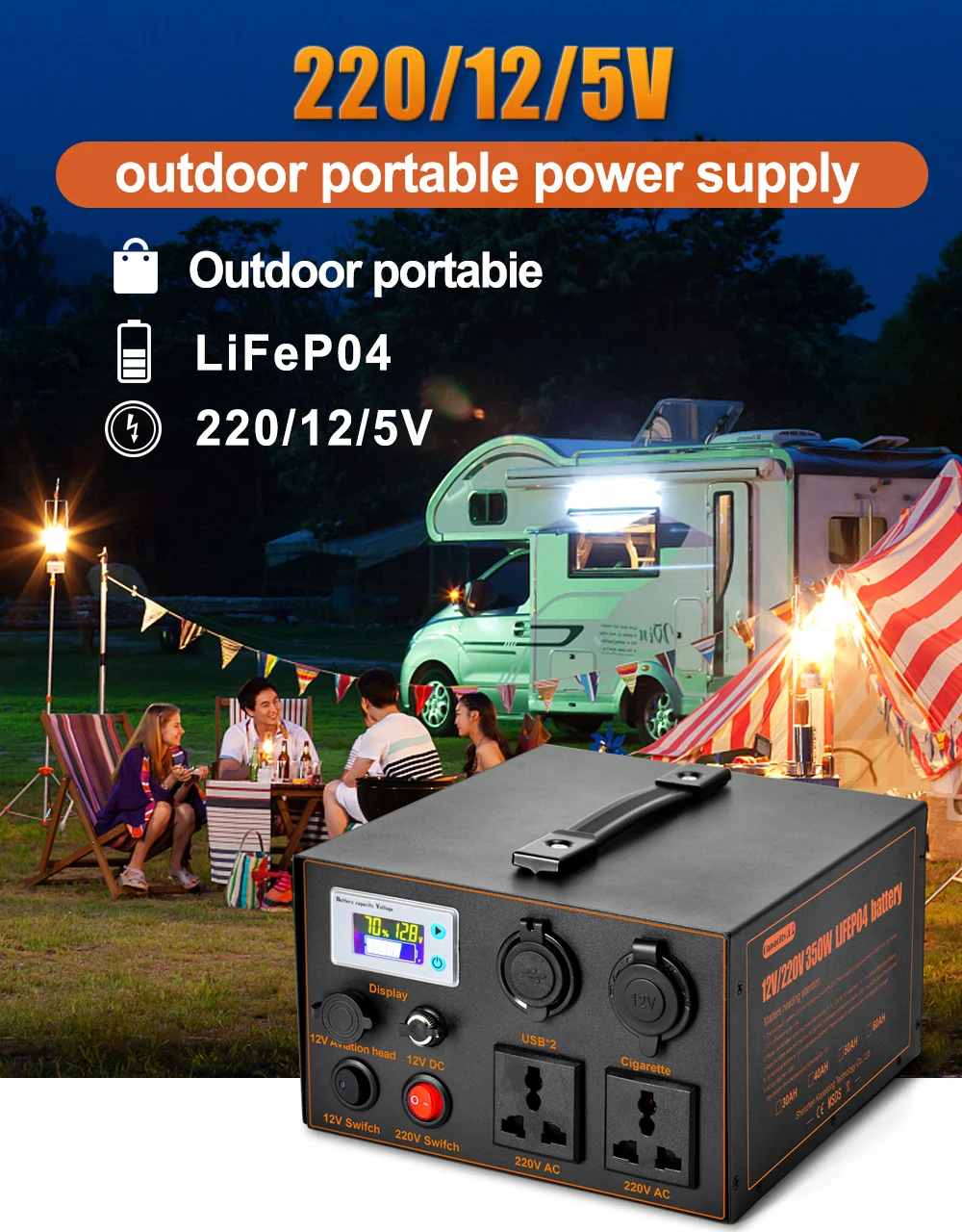 Portable Power Station 12V Backup Lithium Battery 220V/500W Pure Sine Wave AC Socket Rechargeable Battery Pack 60AH for Outdoor