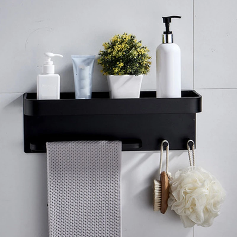 Self adhesive Punch-free Bathroom Black Bath Shower Aluminum Shelves Shelf Organizer Shampoo Holder with Rack