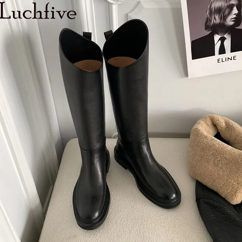 High Quality Runway Knee High Boots Woman Black Knight Boots New Genuine leather flat Long Boots for Woman