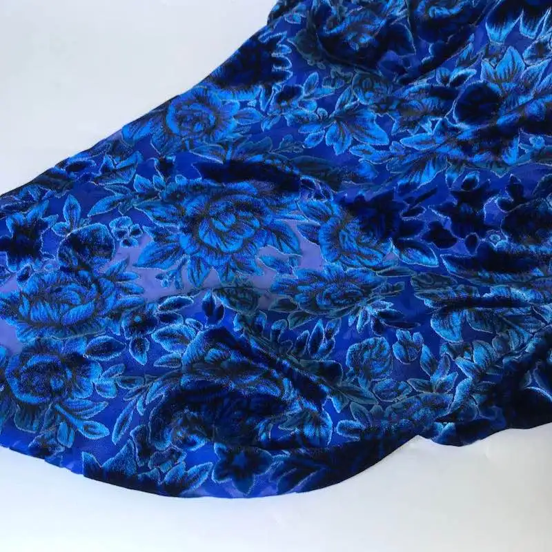 Blue Burnt Out Really Velvet Silk Fabric Clothing Cheongsam Dress Cloth Material Telas Tecido Tecidos