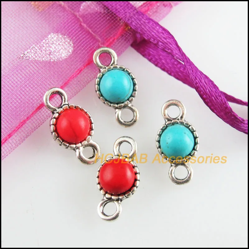 20Pcs Tibetan Silver Tone Flower Red & Blue Stone Round Charms Connectors 7x13.5mm