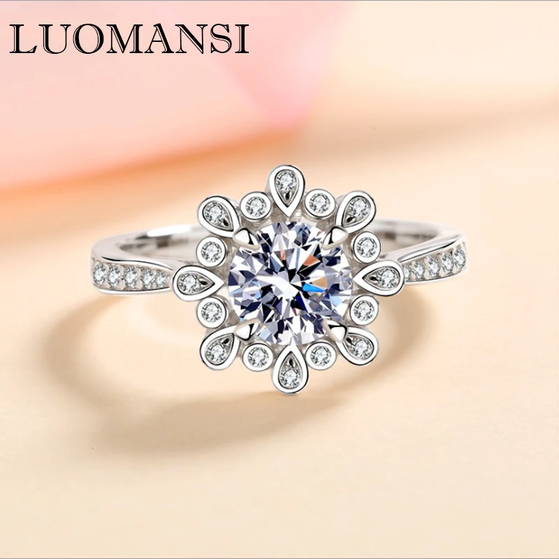 Luomansi 1CT 6.5MM Moissanite Lotus Ring GRA Certificate S925 Sterling Silver Woman Jewelry Party Birthday Gift