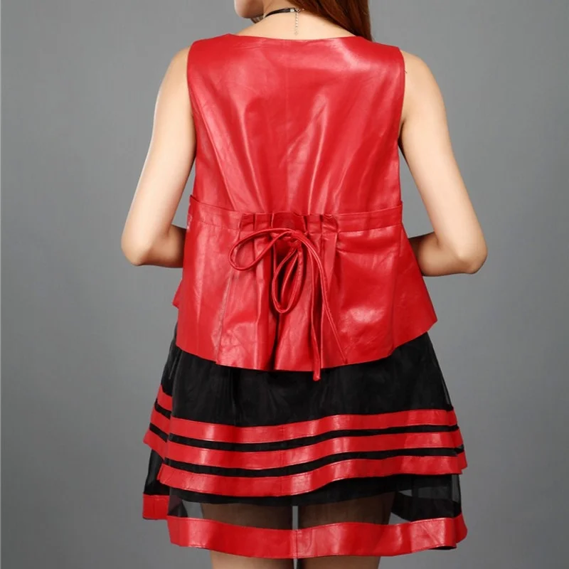 New Spring Real Leather Chiffon Patchwork Dress Faux Two Pieces Sweet O-Neck Red Genuine Sheepskin Dresses Party Robe Femme