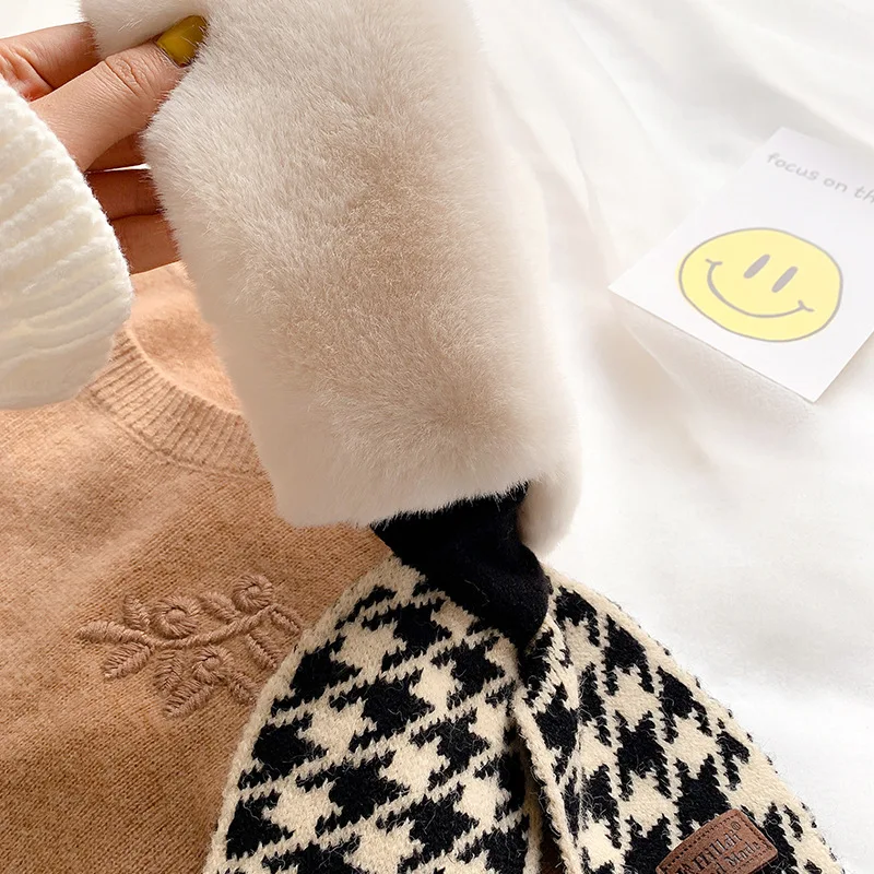 2020 Winter Scarf for Women Wool and Rabit Fur Bandana Knitted Plaid Pied De Poule Warm Collar Luxury Female Neck Wraps