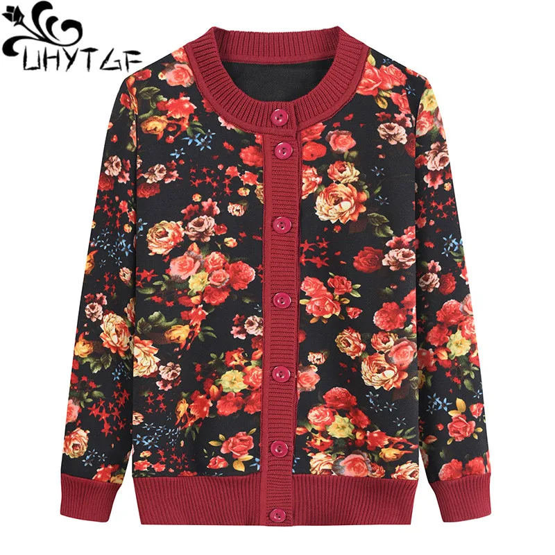 

UHYTGF Autumn winter sweater coat Women's fashion printed middle-aged lady knitted sweater cardigan Female big size jacket 1220