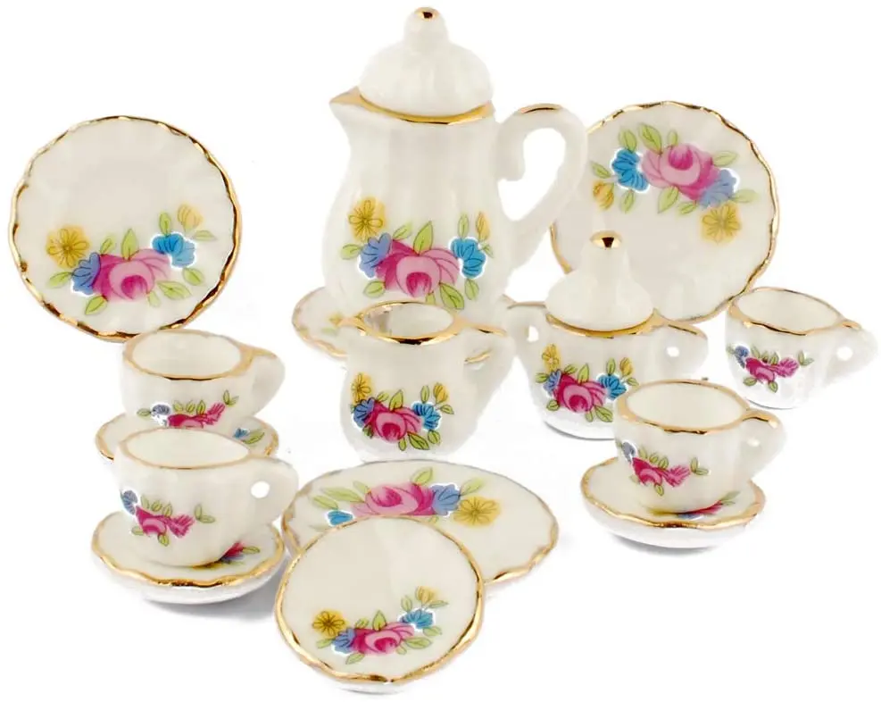 1/12 1 Set 15 Pieces Ceramics Tea Cup Set Lovely Dollhouse Decoration Set Dollhouse Kitchen Accessories