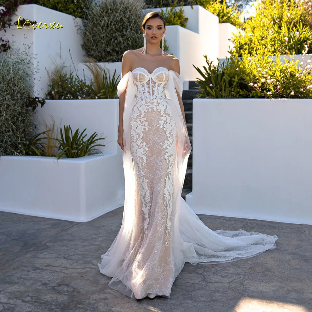 Loverxu Mermaid Wedding Dresses Strapless Ribbons Sleeveless Robe De Mariee Lace Appliques Beaded Shiny Custom Made Bridal Gown