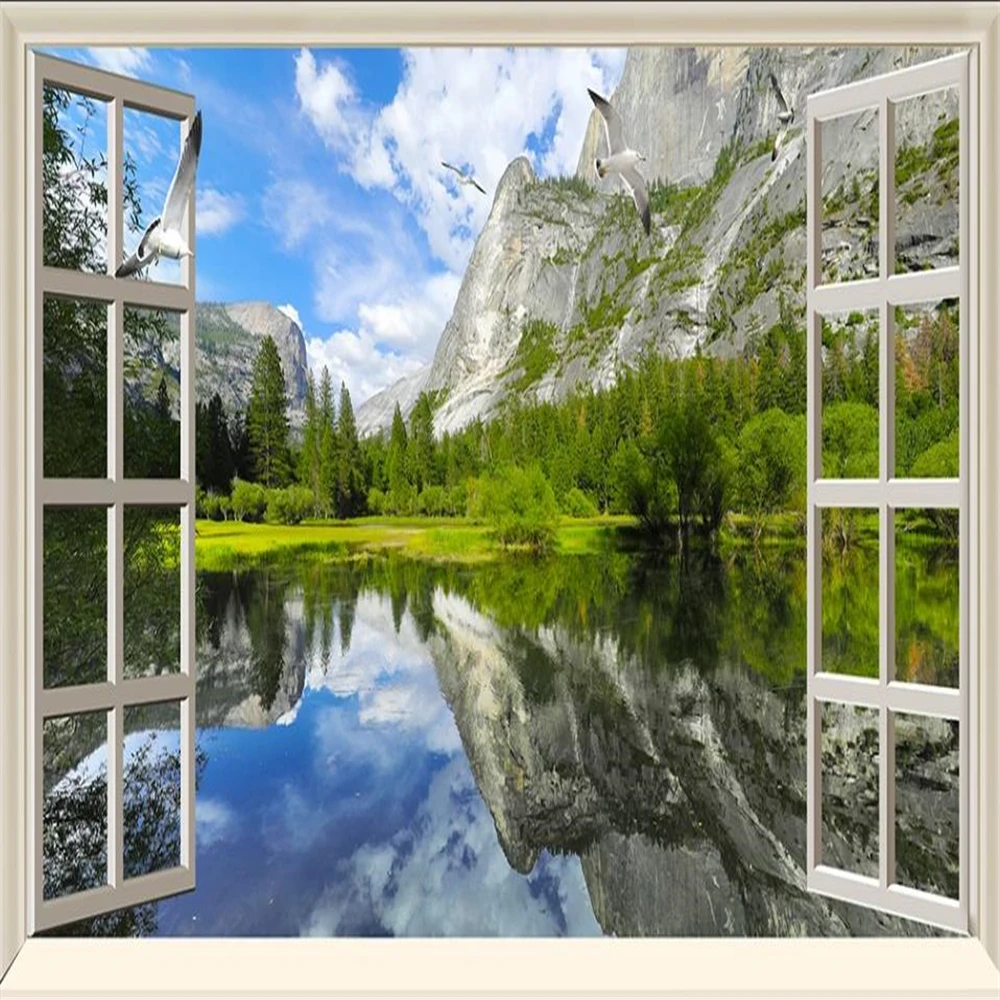 

3D wallpapers three-dimensional landscape background wall with lake and mountain scenery wallpapers outside the window