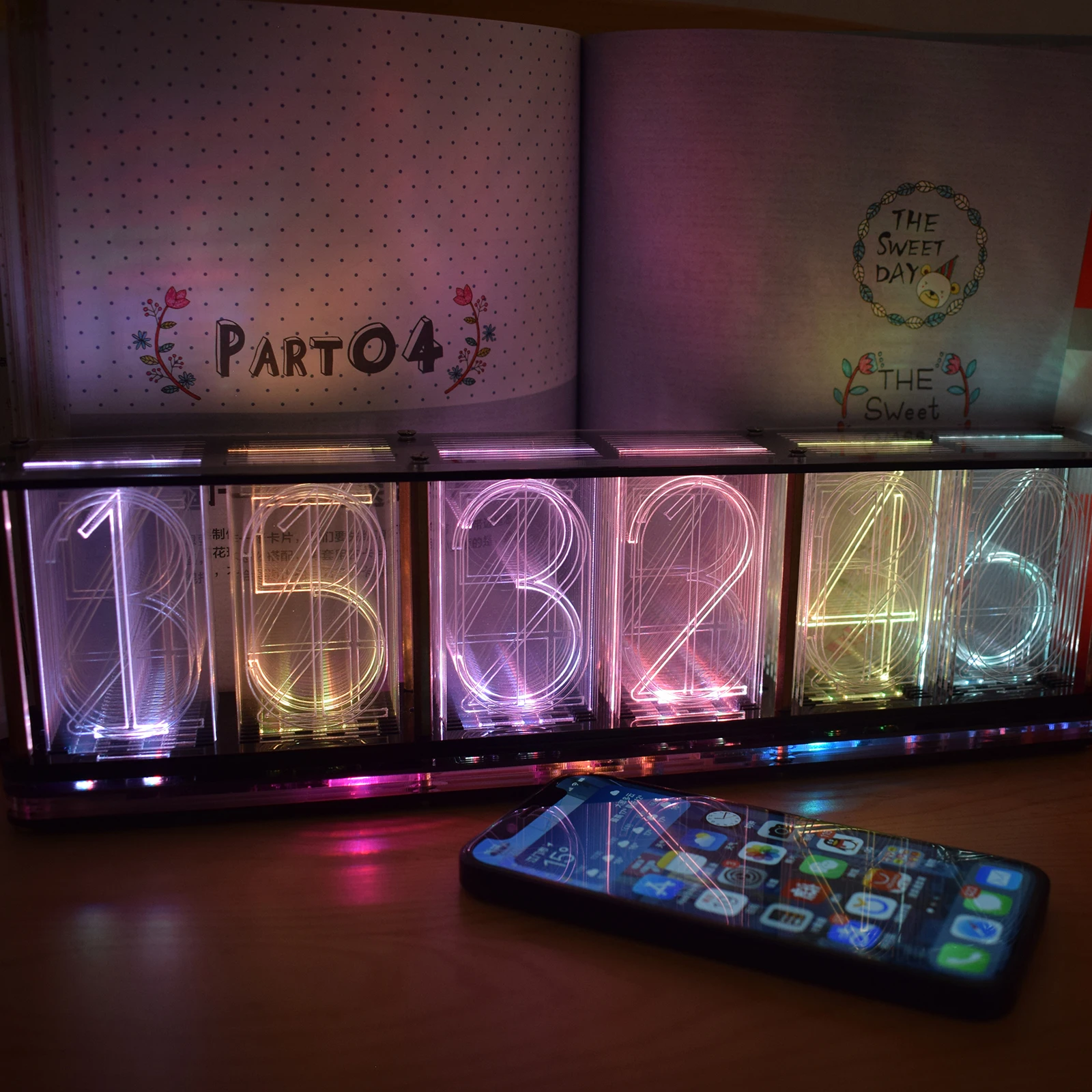 【New】Large Kích Thước Analog Cổ Điển Phát Sáng Ống Đồng Hồ Để Bàn Nhạc Phân Tích Quang Phổ Full LED Rainbow DIY