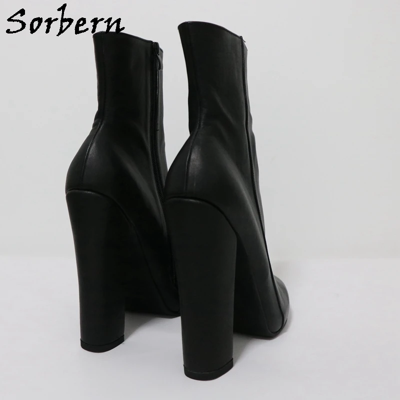 Sorbern Black Ankle Boots Women Real Leather Short Booties Unisex Side Zipper Block High Heels Round Toe