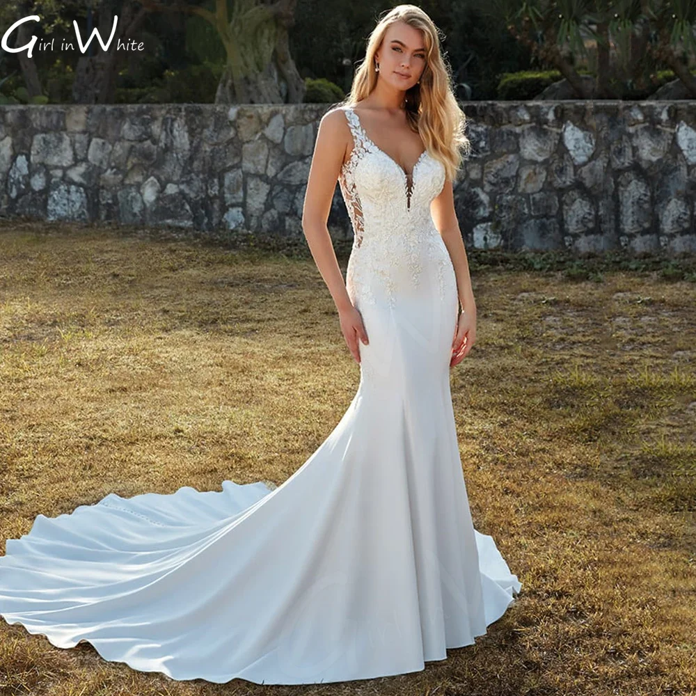

Illusion Waist Spaghetti Mermaid Satin Wedding Dress Court Train Lace Bridal Gown Sweetheart Bride Robes Simple Vestido De Novia