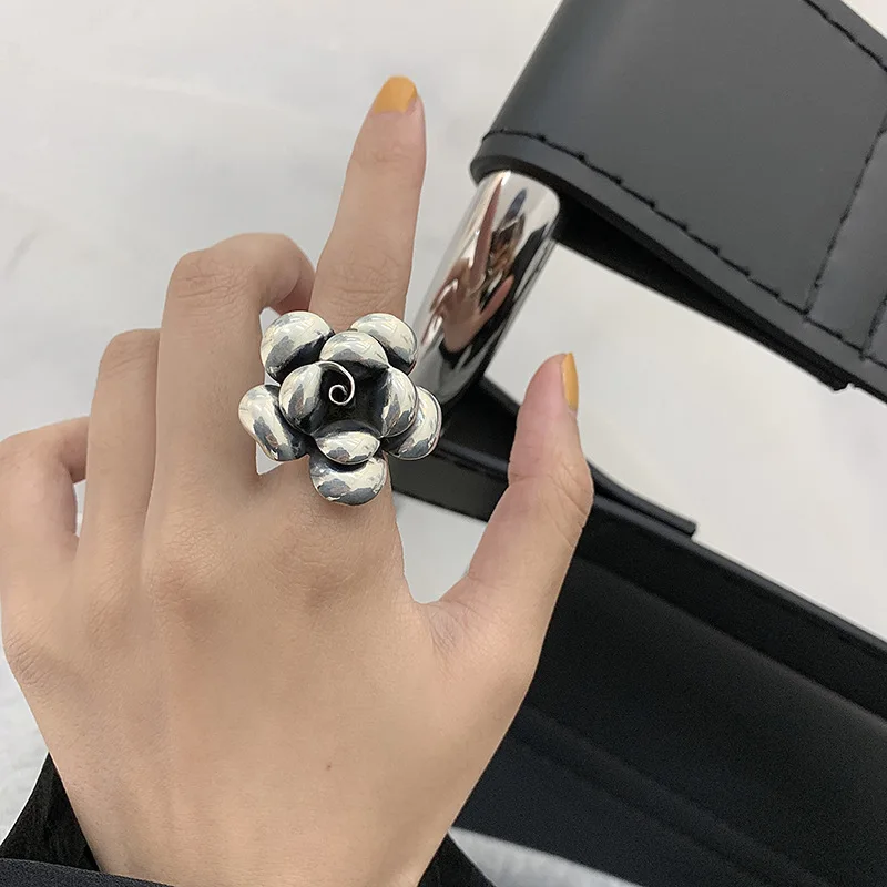 Mewanry Silver Color Ring Fashion Exaggerated Flower Ring Peony Retro Simple Design Trendy Elegant Party Gift for Women