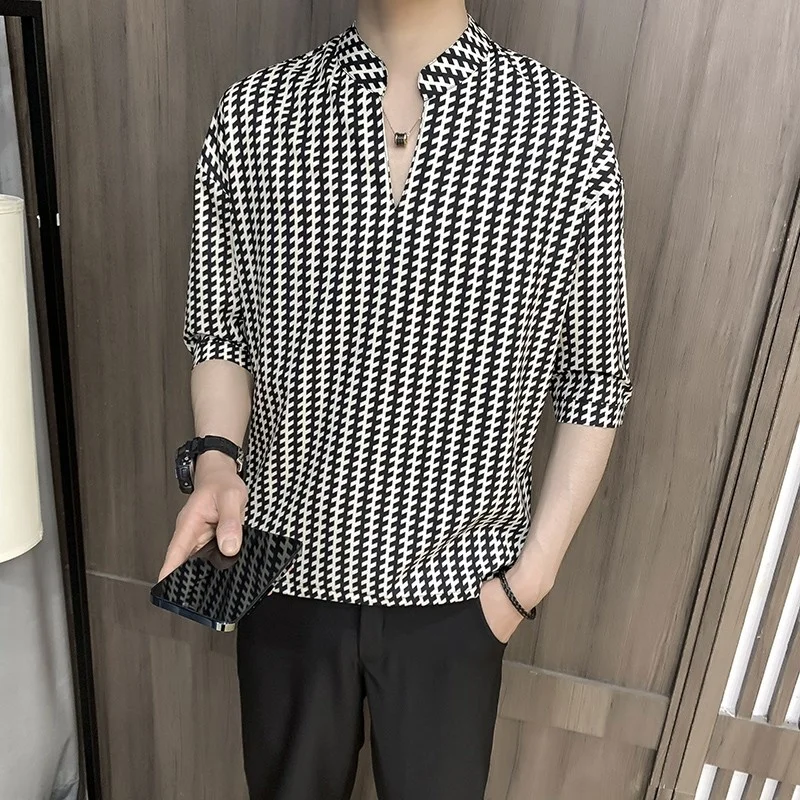 Street High 2022 Fashion Print Shirt Men Stand Collar Pullover Tops New Summer Thin Section Half Sleeve Designer Casual Shirts