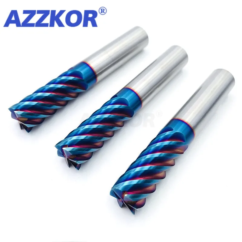 AZZKOR HRC70 6-Flute Tungsten Steel Carbide Blue Nano Coating Flate Milling Cutter CNC Machine Machining Endmill Tools