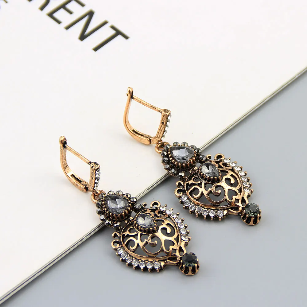 Sunspicems Vintage Turkish Flower Drop Earring For Women Antique Gold Color Bohemia Bride Wedding Jewelry Indian Hook Earring