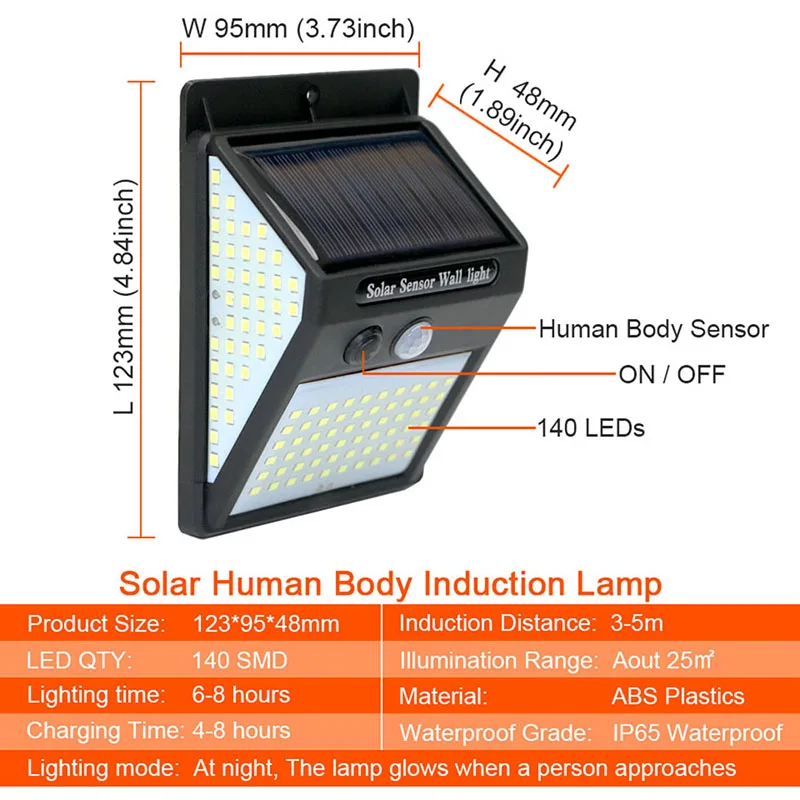 3sided 140LED PIR Motion Sensor Sunlight control Solar Energy Street lamp Yard Path Home Garden Solar Power Induction Wall Light