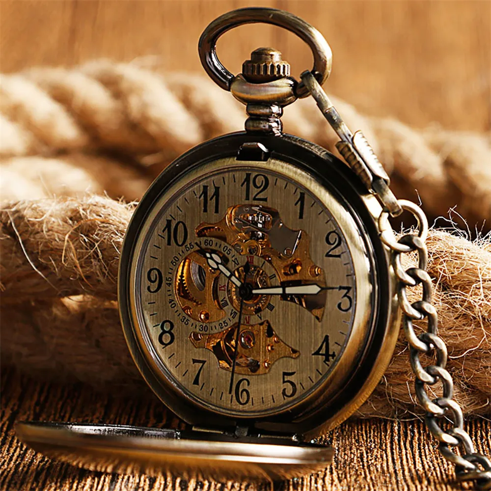 Polishing Smooth Silver/Black/Bronze Self Winding Mechanical Pocket Watch Hollow Circle Cover Retro Automatic Pendant Timepiece