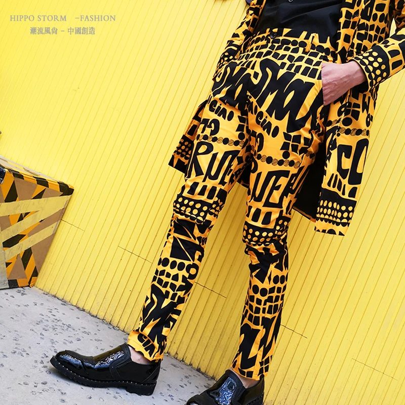 Men Casual Pencil Pants Singer Dancer Stage Wear Male Fashion Yellow Letter Floral Printed Suit Trousers Nightclub Show Costume