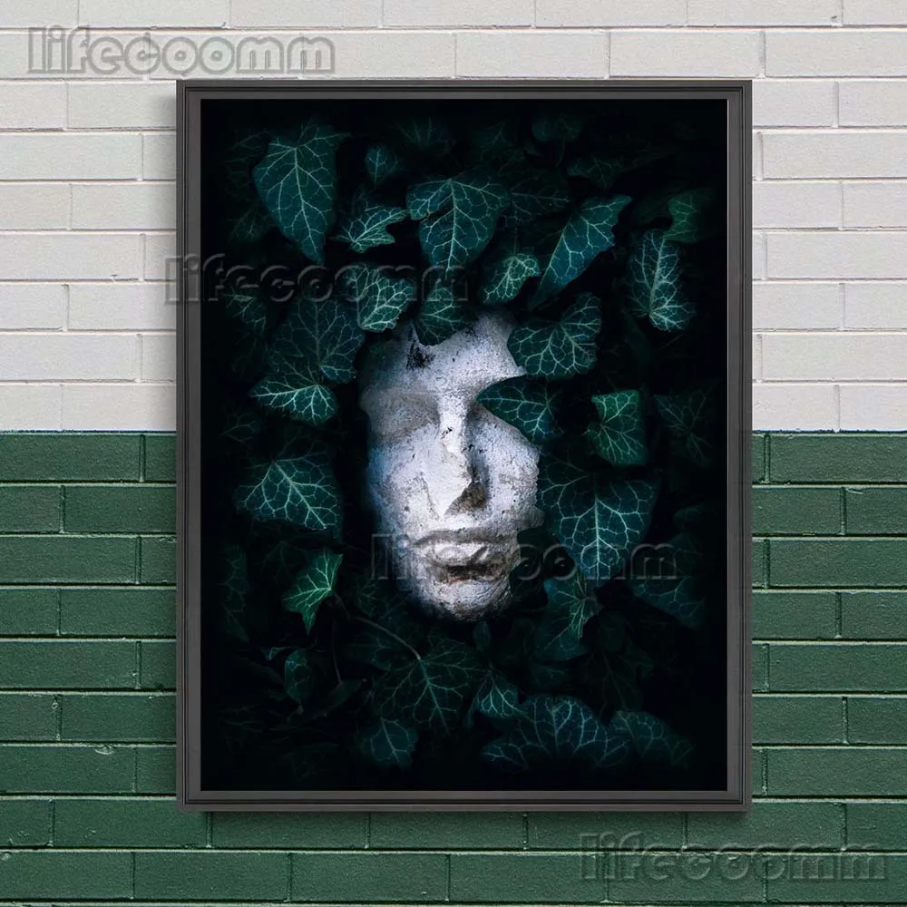 Stone Head Sculpture In Leaves Wall Art Canvas Painting Abstract Moden Poster And Prints For Living Room Decoration Unframed