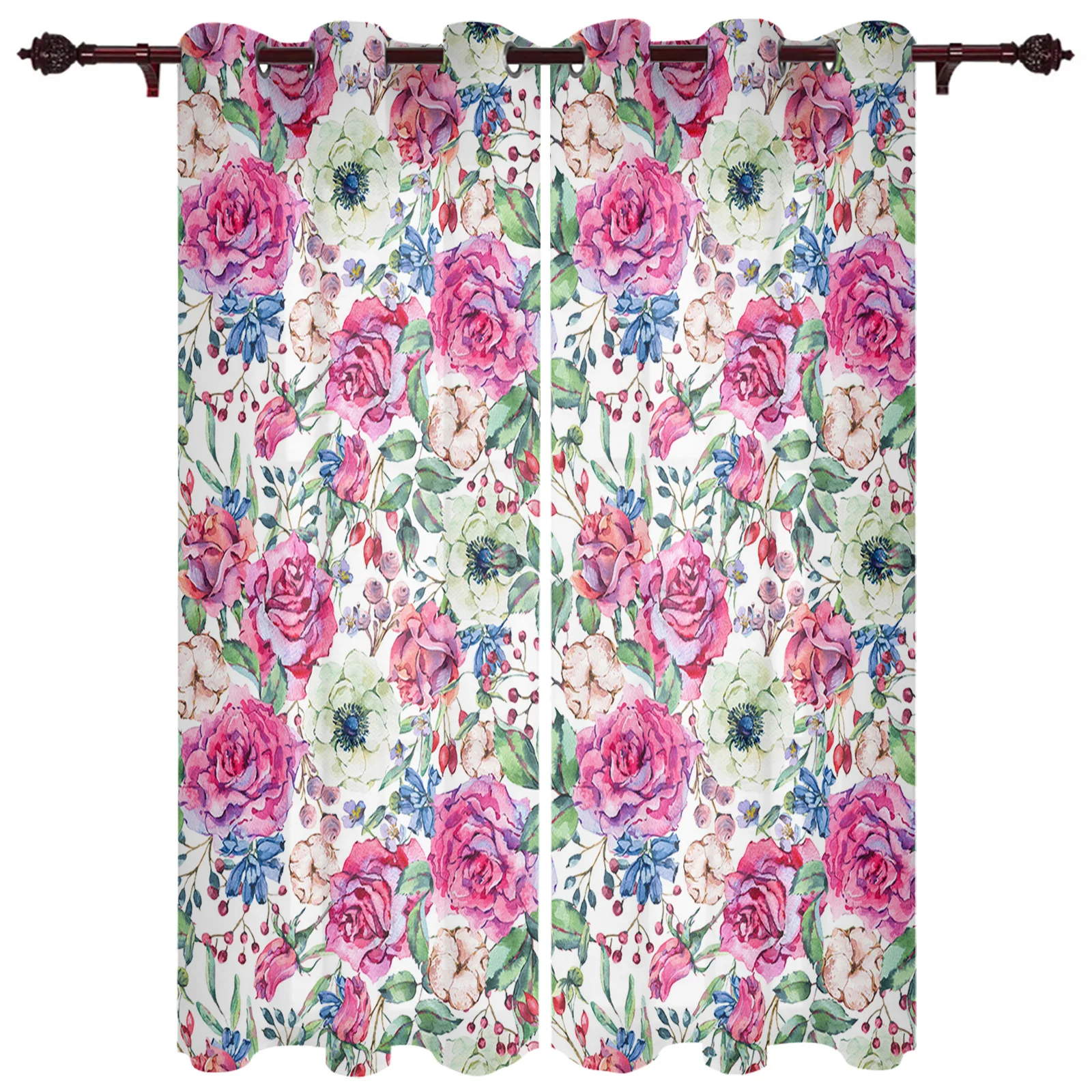 Modern Curtains Watercolor Flower Rose Wild Fruit Baby Room Bedroom Creative Curtains Kitchen Living Room Valance Curtains