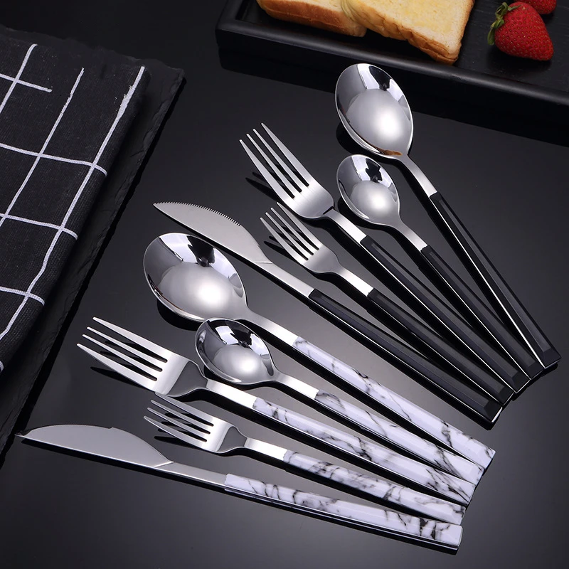 5Pcs Western Style Stainless Steel Cutlery Set Marble Pattern Steak Knife Fork Spoon Durable Tableware Home Kitchen Utensils