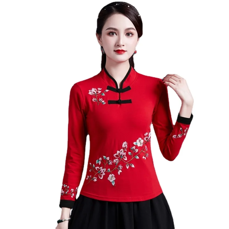 Chinesischen Stil Kleidung Frauen Hanfu 2021 Vintage Shirt Ethnische Tunika Patchwork Bluse Und Top Frauen Damen Chinesische Tops V1932