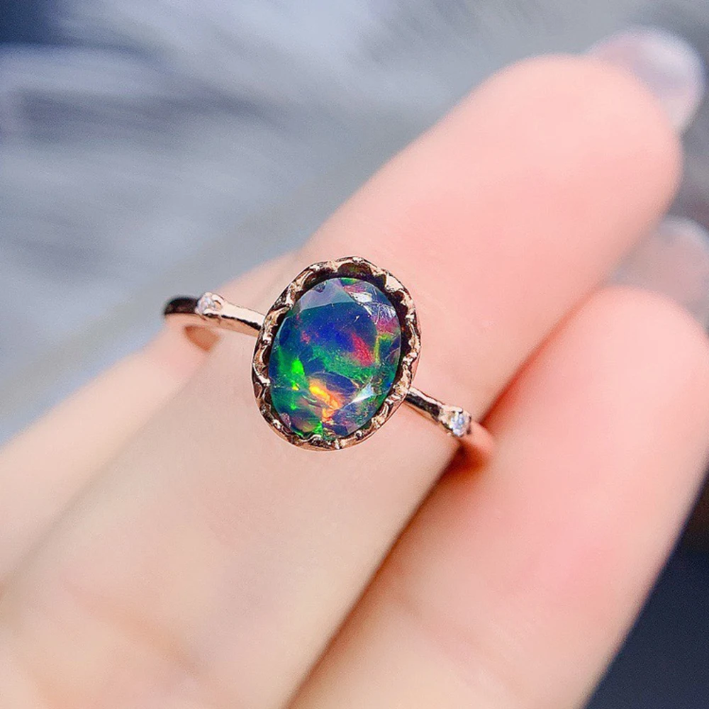 

Faceted Cut Natural Fire Black Opal Ring in 925 Sterling Silver Adjustable Ring Engagement Wedding Rings For Women Gift