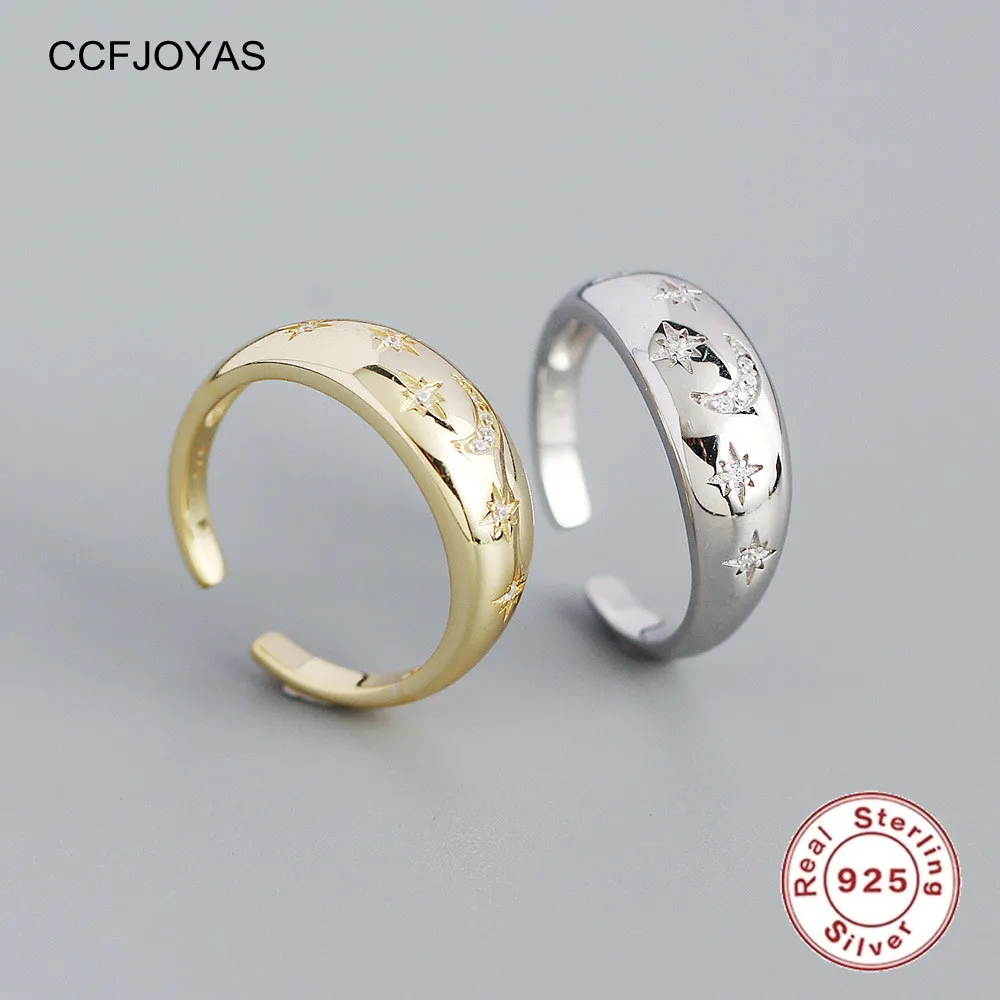 

CCFJOYAS 925 Sterling Silver INS Geometric Stars Moon Open Rings for Women European and American Retro Luxury Gold Silver Rings
