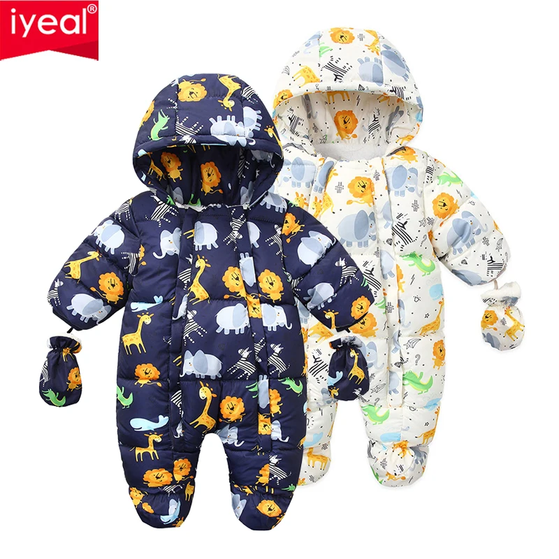 

IYEAL Cartoon Hooded Plus Velvet Warm Newborn Snowsuit Baby Girls Overalls Toddler Boys Jumpsuit Russian Winter Kids Rompers