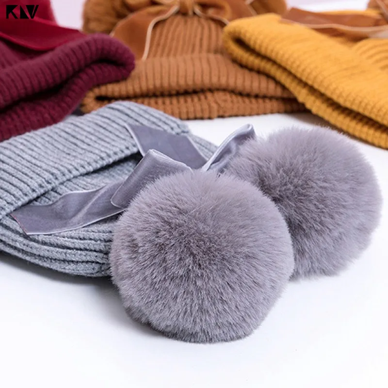 KLV – chapeau tricoté pour bébé fille, chaud, épais, à Double pompon, pour enfant