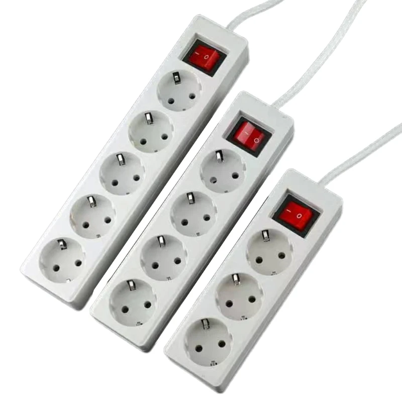 EU Standard German Type Power Strip 3/4/5 Sockets in a Row Flat Adapter Light with Protector Extension Cable Home I