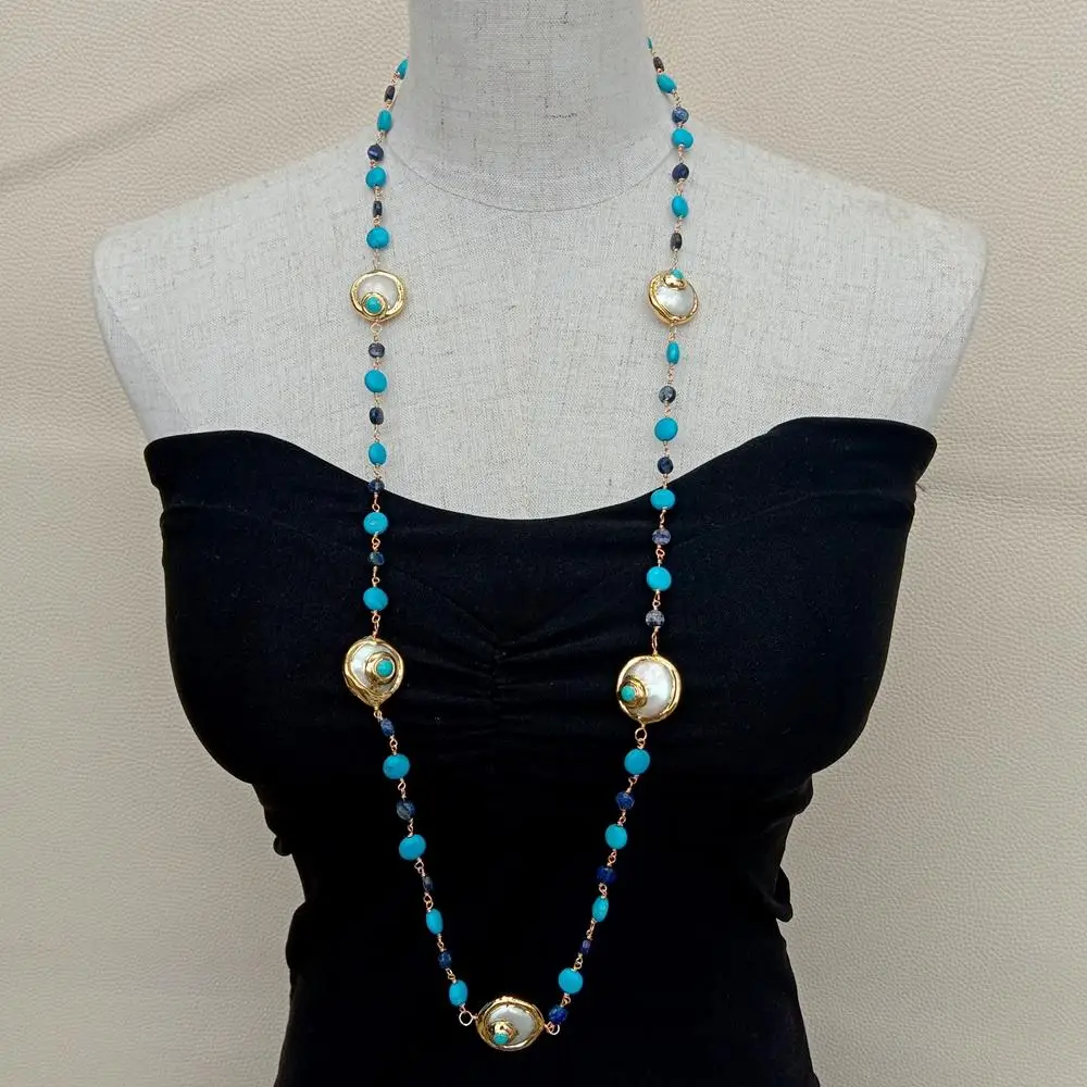 Y.YING Natural White Coin Pearl Blue Turquoise Lapis Coin Shape faceted lapis rosary Chain Long Necklace 35