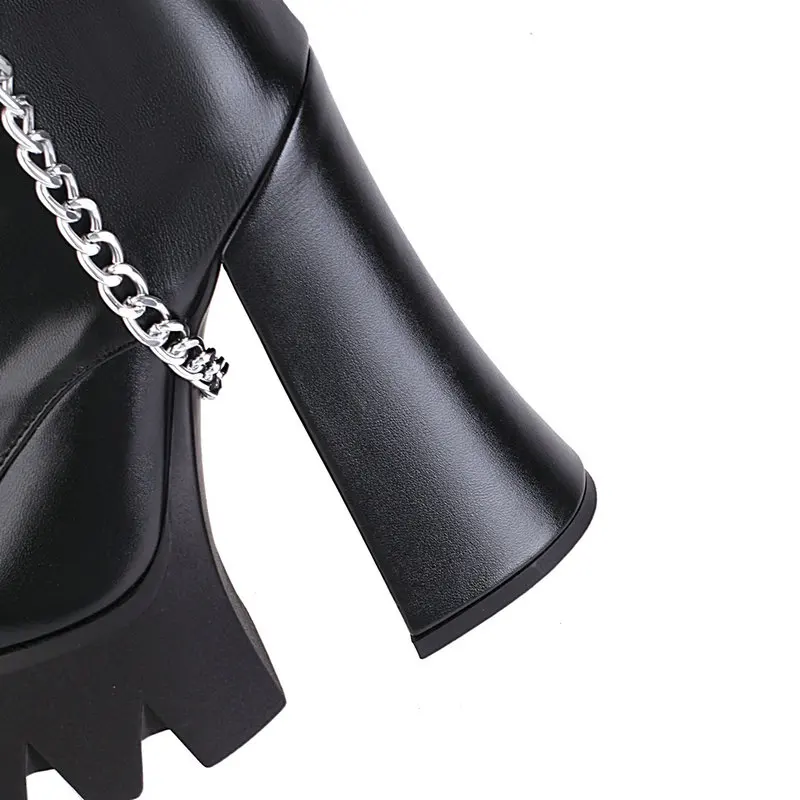 2021 Women Knee High Boots Platform Square High Heel Ladies Motorcycle Boots PU Leather Cross Tied Zipper Women\'s Boots Black