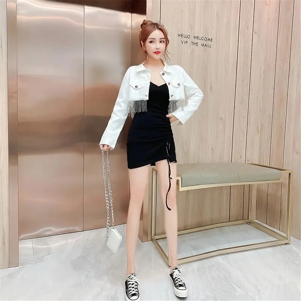 Spring Autumn Korean Y2K Streetwear Crop Top Rhinestone Tassel Fringe White Black Jean Jackets Women Harajuku Denim Coat Button