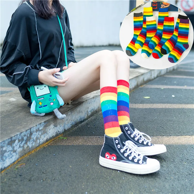 

Rainbow Seven Colour Women Socks Spring and Autumn Pinkycolor Medium Solid Stripe Color For Fashion Girl Stockings Over The Knee