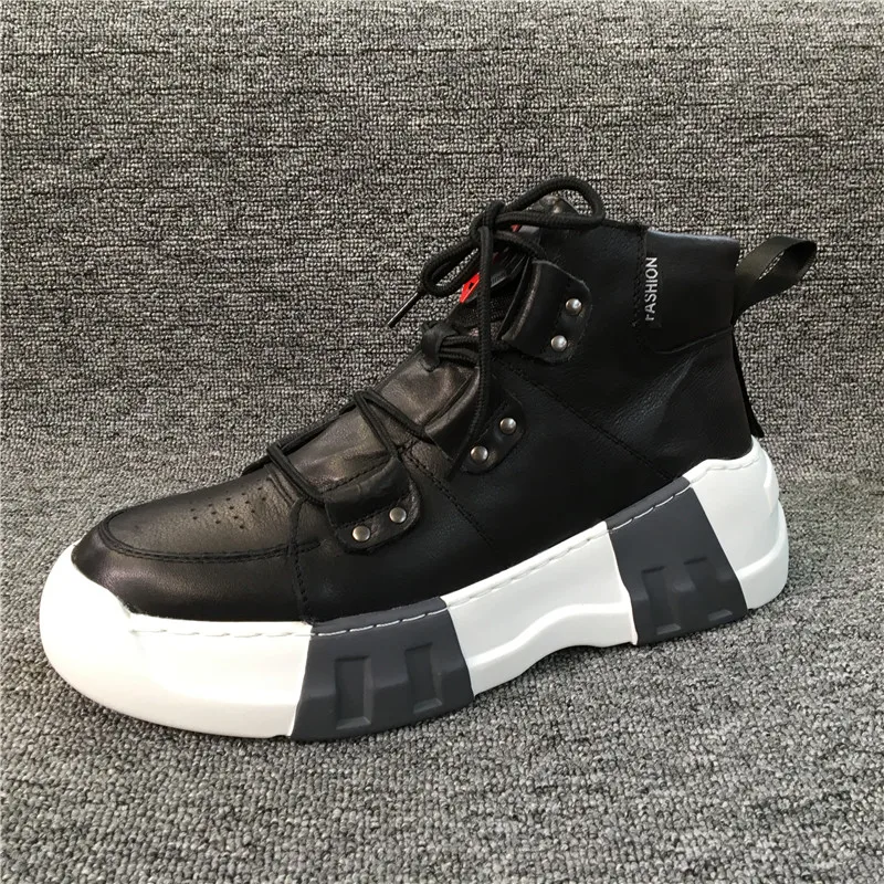 Mens Genuine Leather Casual Shoes Natural Cowhide High-Top Outside Rubber Sole Non-slip Breathable Waterproof Sneakers Shoes