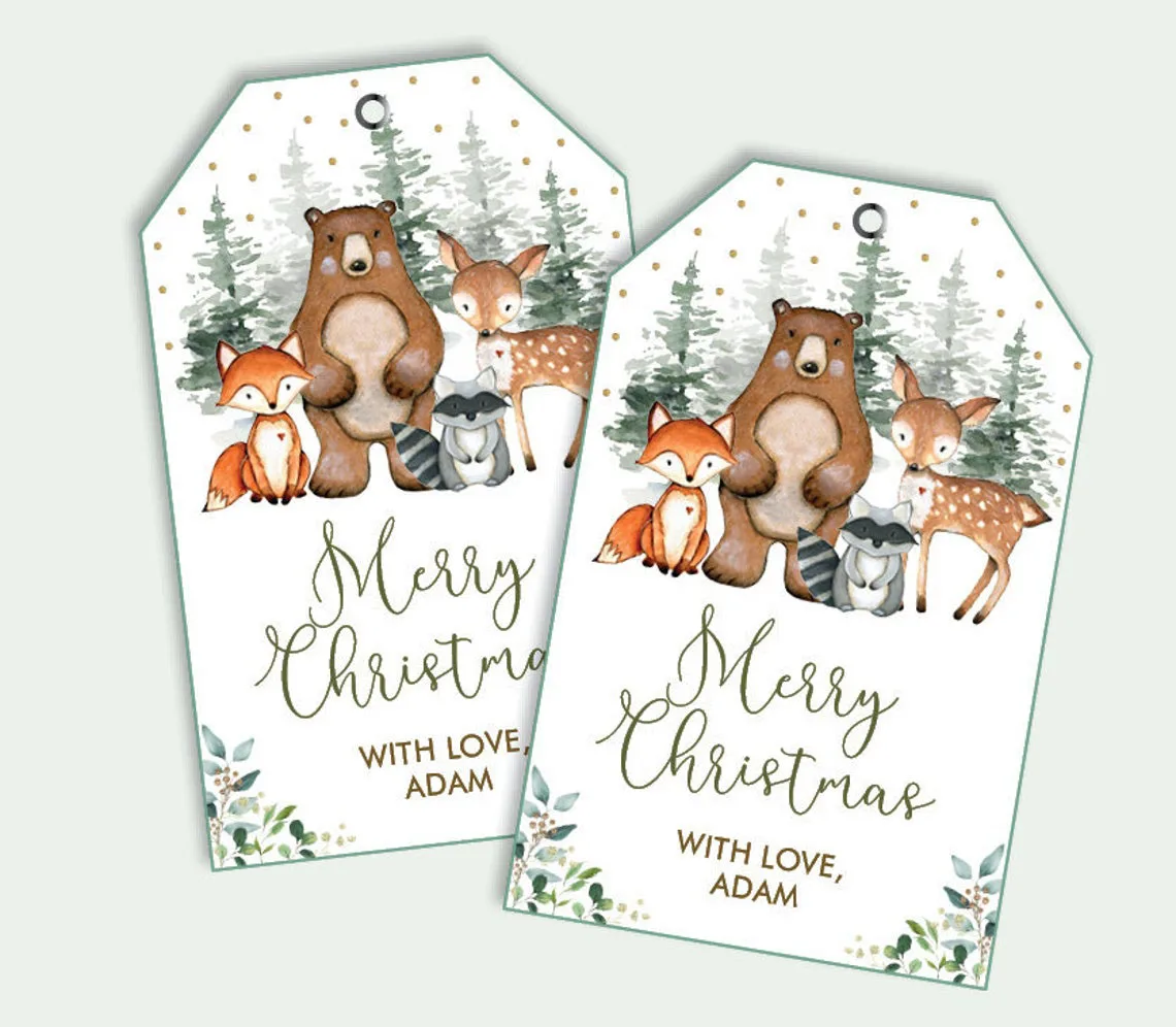 Winter Woodland, Christmas Holiday, Custom Tags, Personalized Tags Candy Favors Gift Boxes, Cupcake Tags