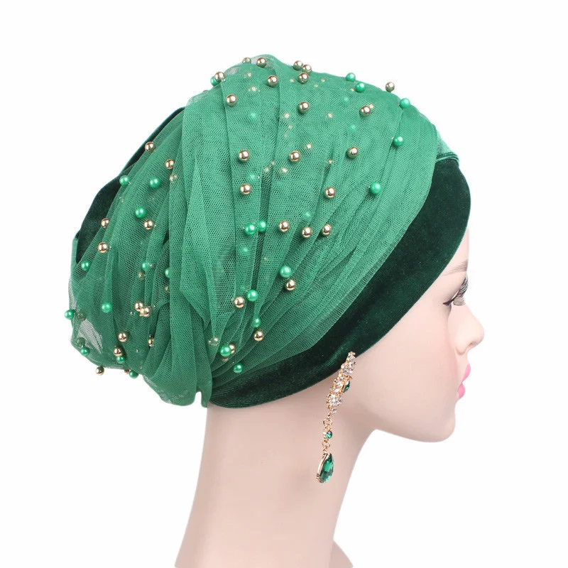 Winter Warm Velvet Women\'s Scarf Turban Beading Headscarf Bonnet Muslim Hijab Turbans African Hat Under Scarf Caps