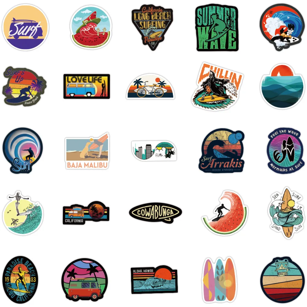 10/30/50/100PCS Cool Summer Beach Surf Stickers Surfboard Sticker For Suitcase Phone Laptop Luggage Car Water Bottle Decals Toy