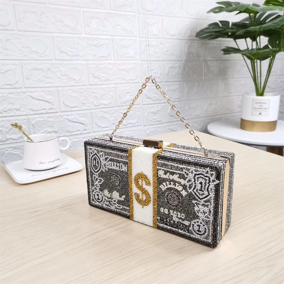 

Boutique De FGG Stack of Cash Designer Box Handbags Women Money Clutch Purse Evening Bags Diamond Party Cocktail Purse Handbag