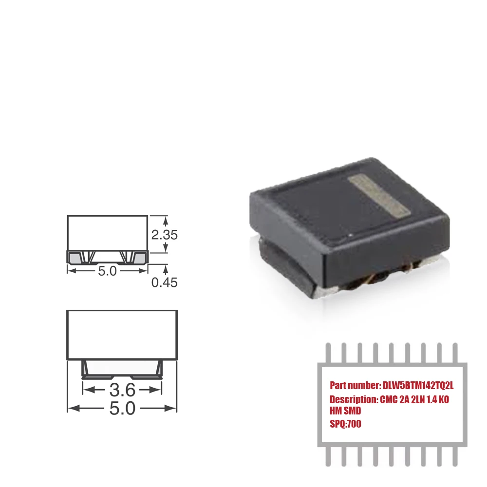 

MY GROUP ASIA 700PCS DLW5BTM142TQ2L 2 Line Common Mode Choke Surface Mount 1.4kOhms 100MHz 2A 56Ohms SMD CMC Filters in Stock