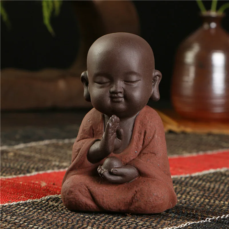 Little Monk Colorful Sand Ceramic Tea Pet Purple Handmade Fengshui Decoration for Family Club Tea Set Accessories