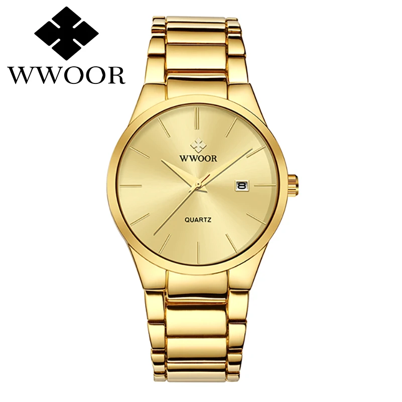 WWOOR New Luxury Brand Watch Men Gold Full Steel Fashion Watches Waterproof Date Quartz Wrist Watch Male Clock Relogio Masculino