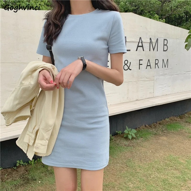 

Short Sleeve Dress Women Solid Casual Simple Womens Mini Dresses Summer BF Korean Style Basic O-neck Streetwear Sleepwear Trendy